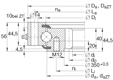 四點接觸球軸承 VSI200414-N, 標準系列 20， 內部的齒輪齒，兩側唇密封