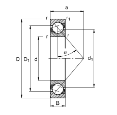 角接觸球軸承 71807-B-TVH, 根據 DIN 628-1 標準的主要尺寸，接觸角 α = 40°