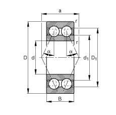 角接觸球軸承 3807-B-TVH, 雙列，接觸角 α = 25°