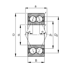 角接觸球軸承 3807-B-2RSR-TVH, 雙列，雙側唇密封，接觸角 α = 25°