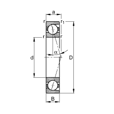 主軸軸承 B71948-C-T-P4S, 調節，成對安裝，接觸角 α = 15°，限制公差