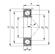 角接觸球軸承 7203-B-2RS-TVP, 根據 DIN 628-1 標準的主要尺寸，接觸角 α = 40°，兩側唇密封